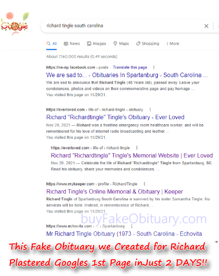 Image of search engine results of someone we created a fake obituary for so they can get out of work.